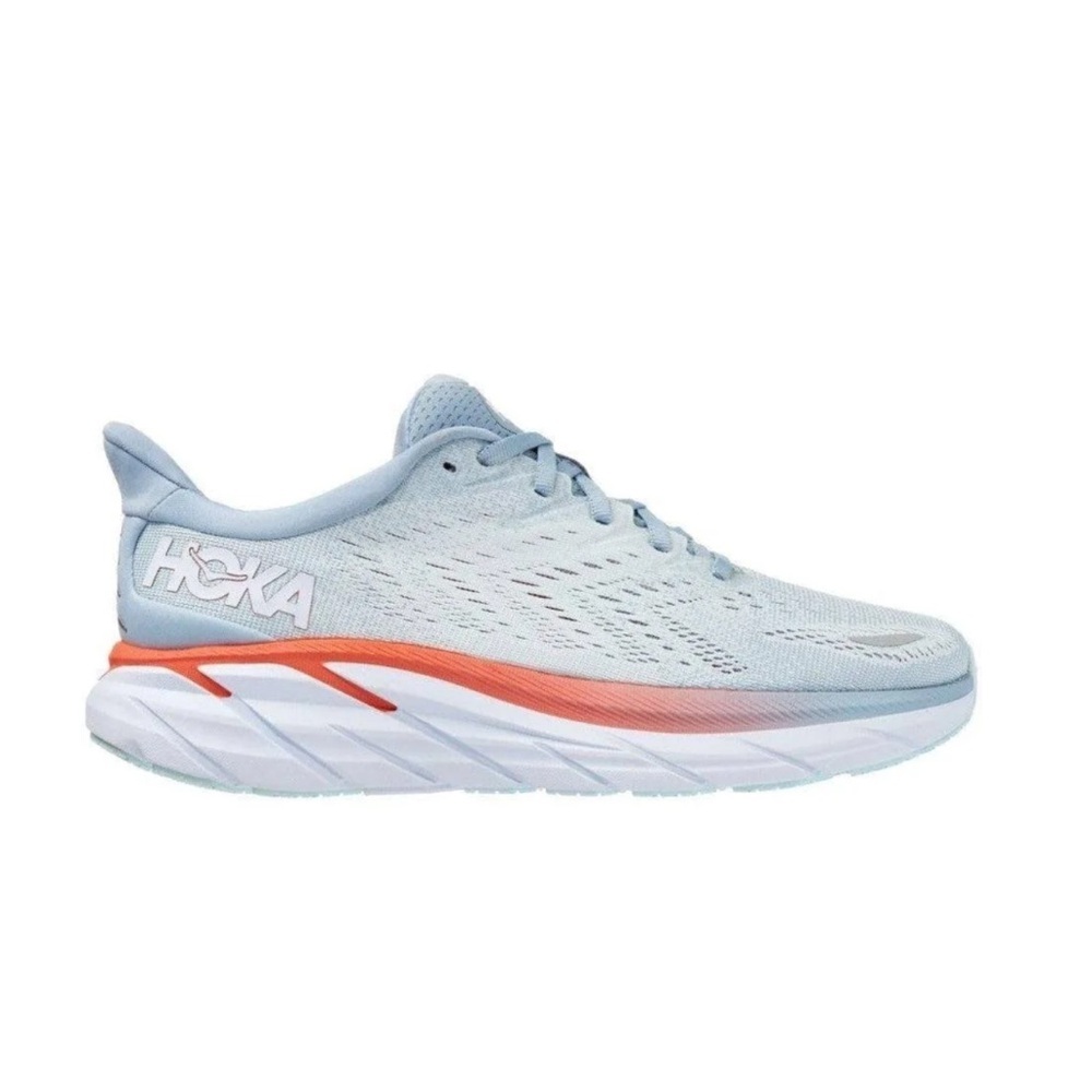 Hoka One One Clifton 8 Women's Running Shoe in Light Blue with Coral Detail
